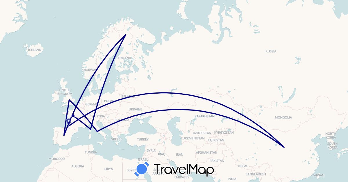 TravelMap itinerary: driving in China, Spain, Finland, France, United Kingdom, Italy (Asia, Europe)